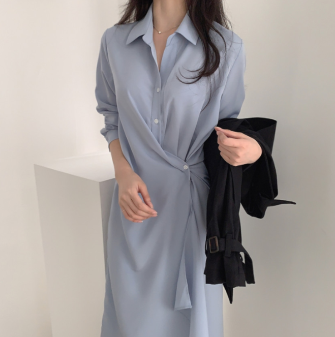 Design sense irregular shirt skirt dress women's spring and autumn French style medium length temperament waist closing slim skirt