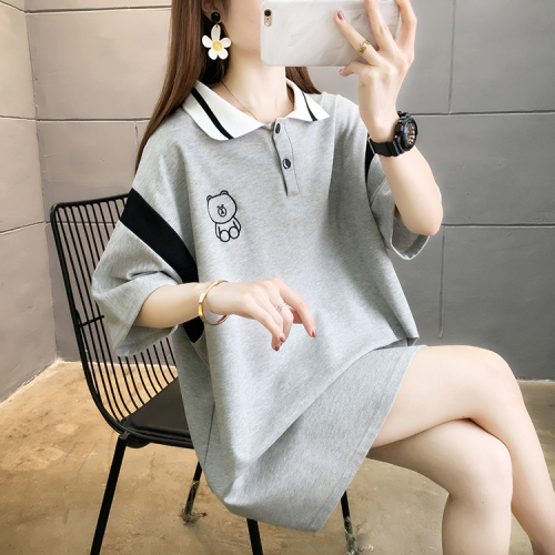 Real shooting of summer clothes Korean version loose 6535 cotton polo collar embroidery medium and long size women's short sleeve T-shirt women