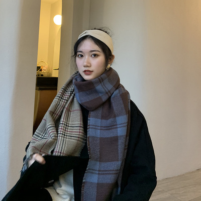Double sided plaid scarf in winter women's retro fashion to keep warm