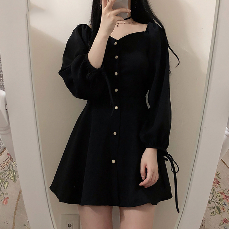 2022 spring new style one-shoulder black dress women's long-sleeved waist student French retro slim skirt