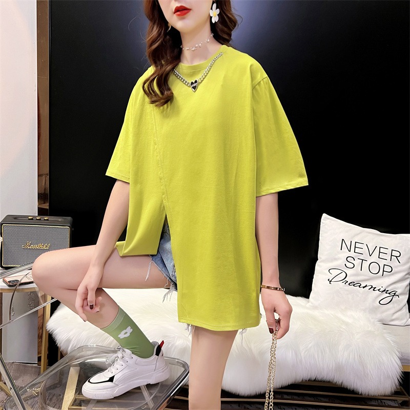 Official picture 6535 cotton design slit solid color T-shirt summer 2023 round neck short-sleeved T-shirt for women