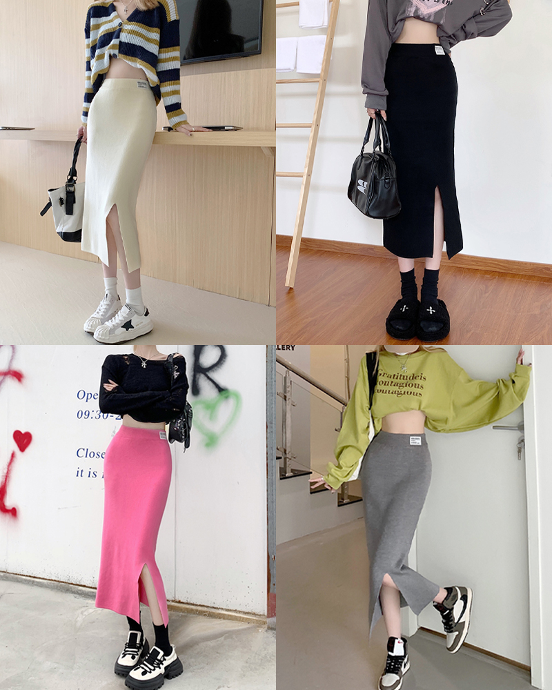 Real price 2022 autumn new elastic knitted wool skirt women's high waist slim slit bag hip skirt