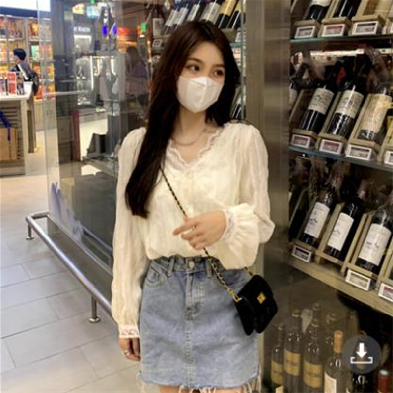 Autumn new large size fat mm gas v-neck lace shirt gentle all-match chiffon shirt M-4XL200 catties