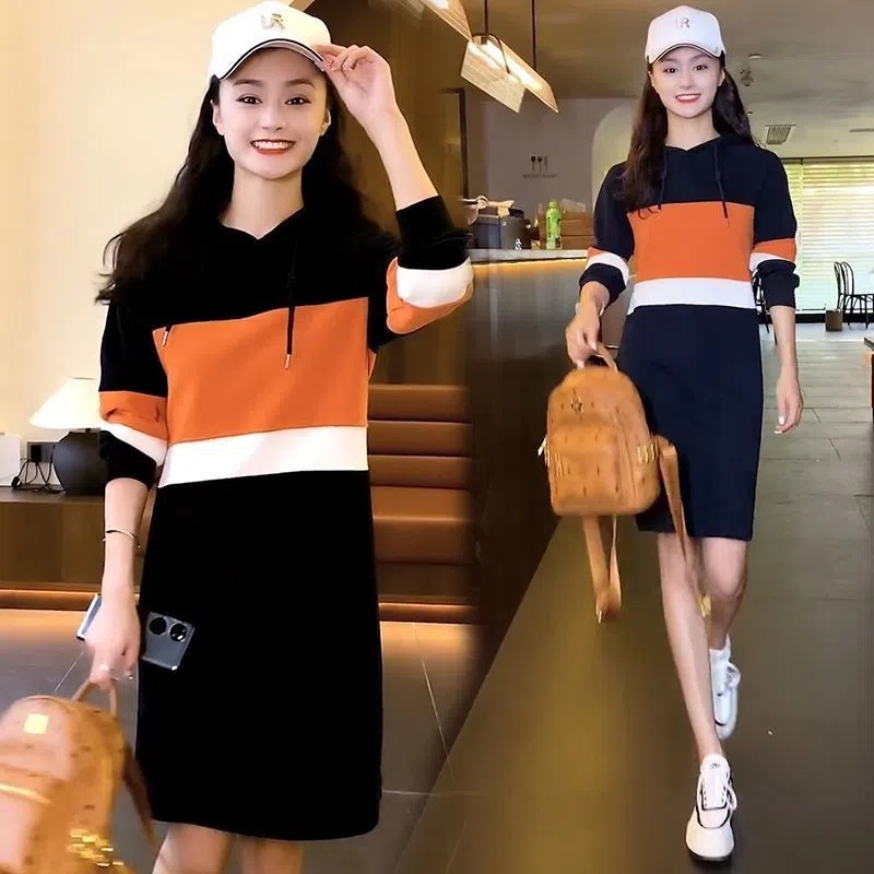 Hooded sweater dress women's mid-length 2022 autumn new trendy thin dress