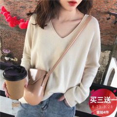 Women's 2019 new Korean style V-neck sweater Internet celebrity super hot loose pullover low-neck long-sleeved bottoming shirt