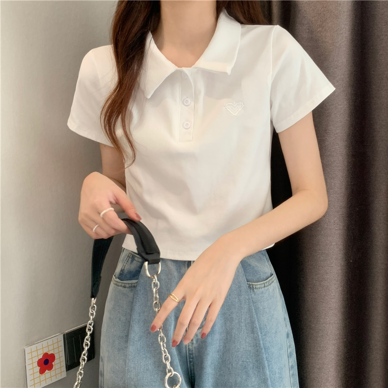 Real shot and real price Summer new love embroidered short-sleeved T-shirt polo collar top for women