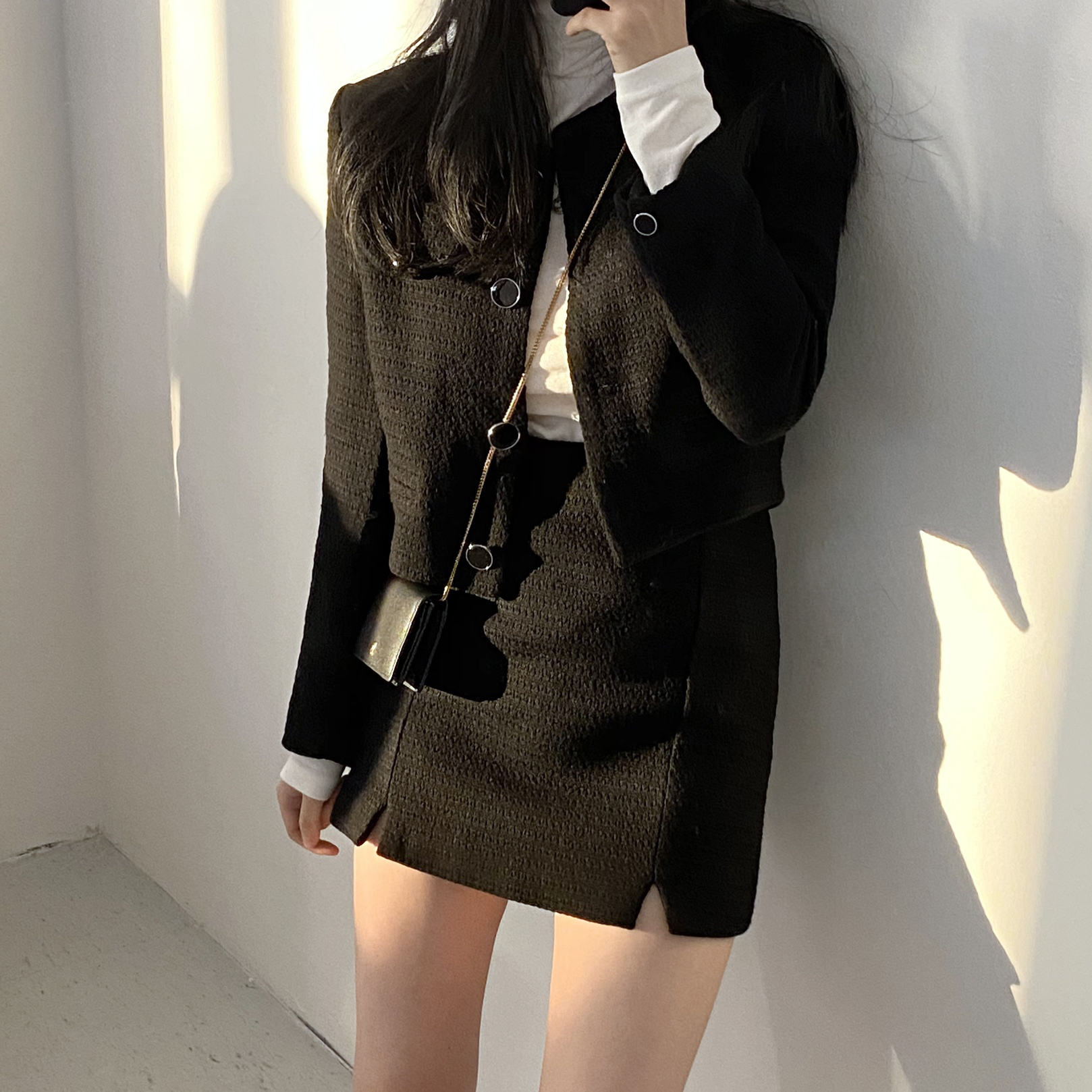 Vintage tweed coat women's short coat + slim skirt