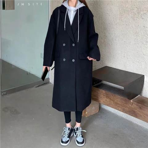 Fake two thick woolen coats 2022 winter new Korean version loose mid-length stitching hooded woolen coat women