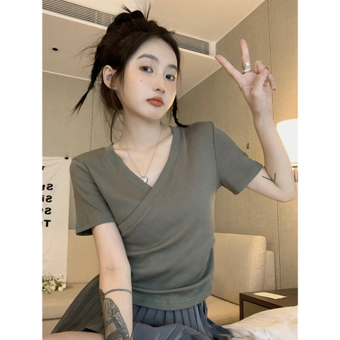 Official picture 90 polyester fiber 10 spandex design sense cross tight V-neck short T-shirt women summer