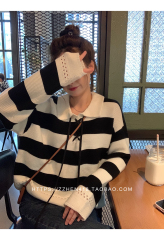 Striped sweater women's 2022 autumn new POLO collar sweater loose design lazy wind top