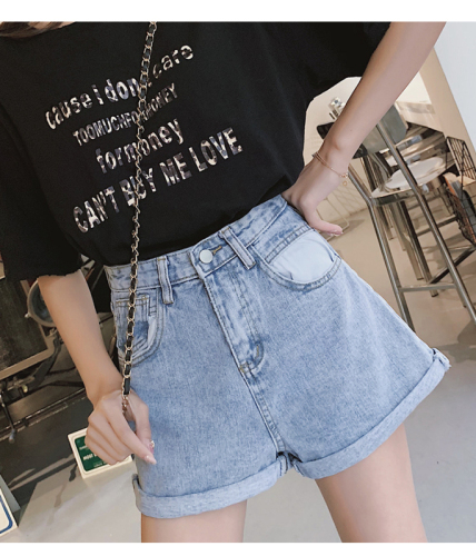 Spring and summer new Korean denim shorts women's high waist A-line curly edge color matching double pockets wide leg hot pants trend