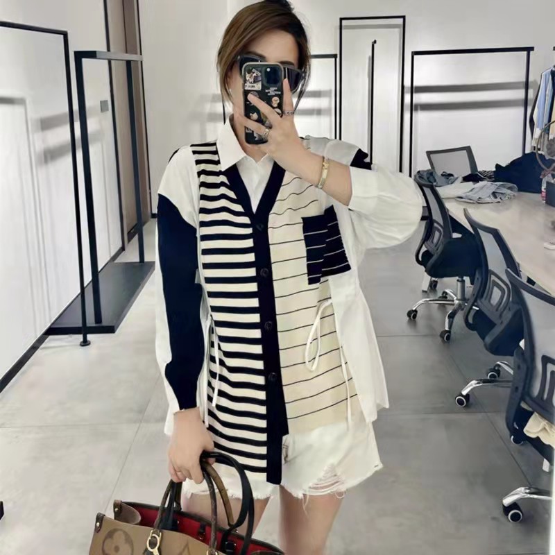 Stitching loose temperament commuter knitted cardigan 2021 autumn new striped V-neck lace up hollow stitching jacket