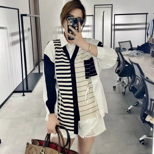 Stitching loose temperament commuter knitted cardigan  autumn new striped V-neck lace up hollow stitching jacket