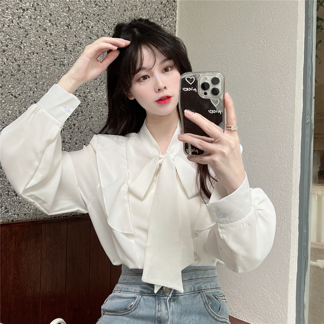 Real shot white super fairy chiffon shirt, foreign style bow, ribbon temperament, shirt, blouse, women's fashion