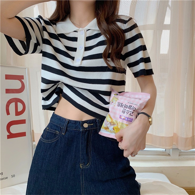2022 summer T-shirt women's thin Polo neck stripe short sleeve T-shirt women's Harajuku top