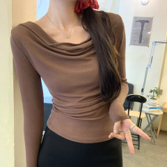 Absolutely Stunning Shot: One-Shoulder Draping Collar Off-the-Shoulder Slim Fit Long-Sleeve T-Shirt for Women - Early Autumn New Arrival Korean Style Atmospheric Top