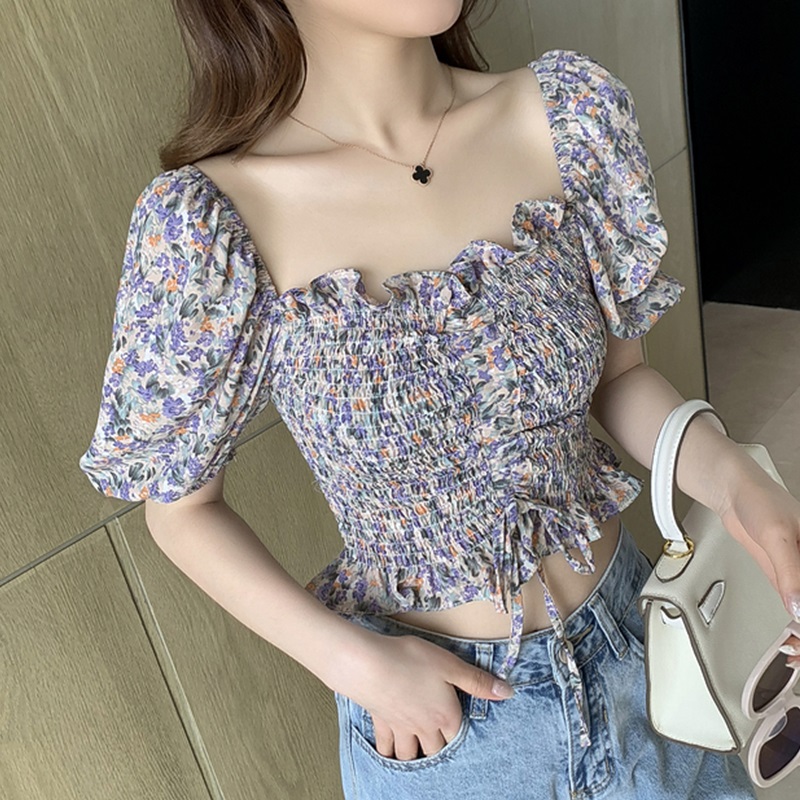 Spring and summer new off shoulder Floral Chiffon shirt women's short sleeve sexy one shoulder floral shirt off Waist Chiffon Top