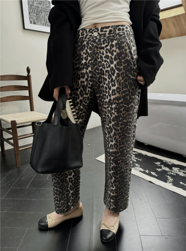 Real shot of leopard print high waisted wide leg pants for women casual straight trousers