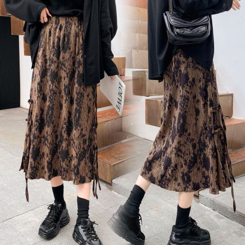 Velvet pleated retro tie-dye strappy slit skirt for women high-waisted versatile mid-length over-the-knee A-line skirt