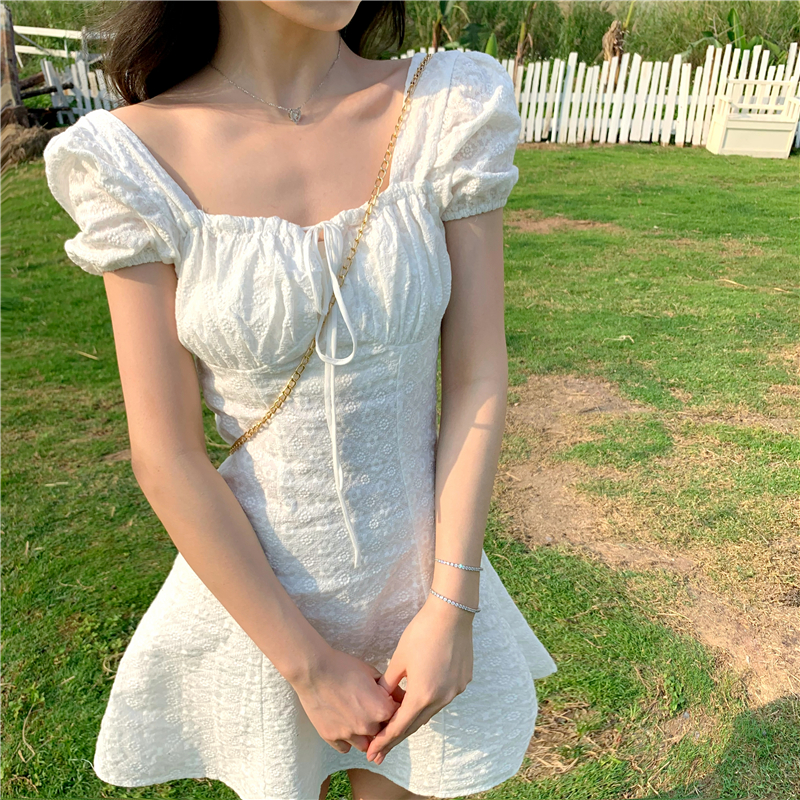 Real photo real price ~ Vintage square neck Hepburn embroidery dress sweet girl feeling holiday white cotton skirt
