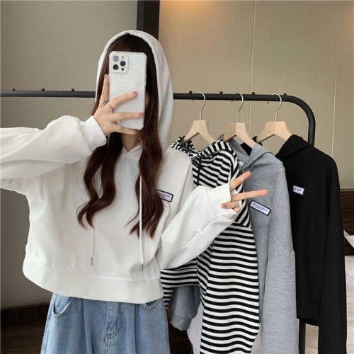 Waffle hooded sweater women's trendy ins spring and autumn forest new short long-sleeved top female student