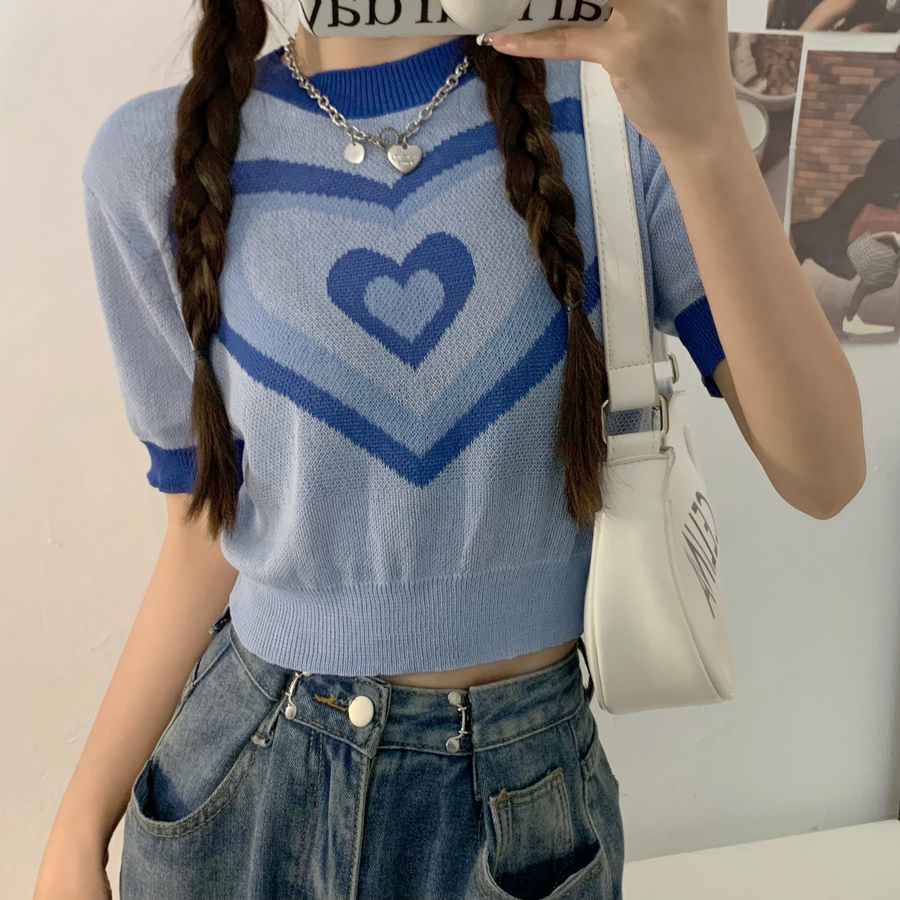 Love jacquard short sleeve sweater women's summer 2022 new Korean design sense niche loose short top