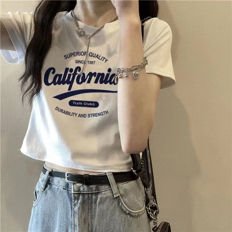 Cotton short-sleeved ultra-short exposed navel shirt female Korean style loose student top