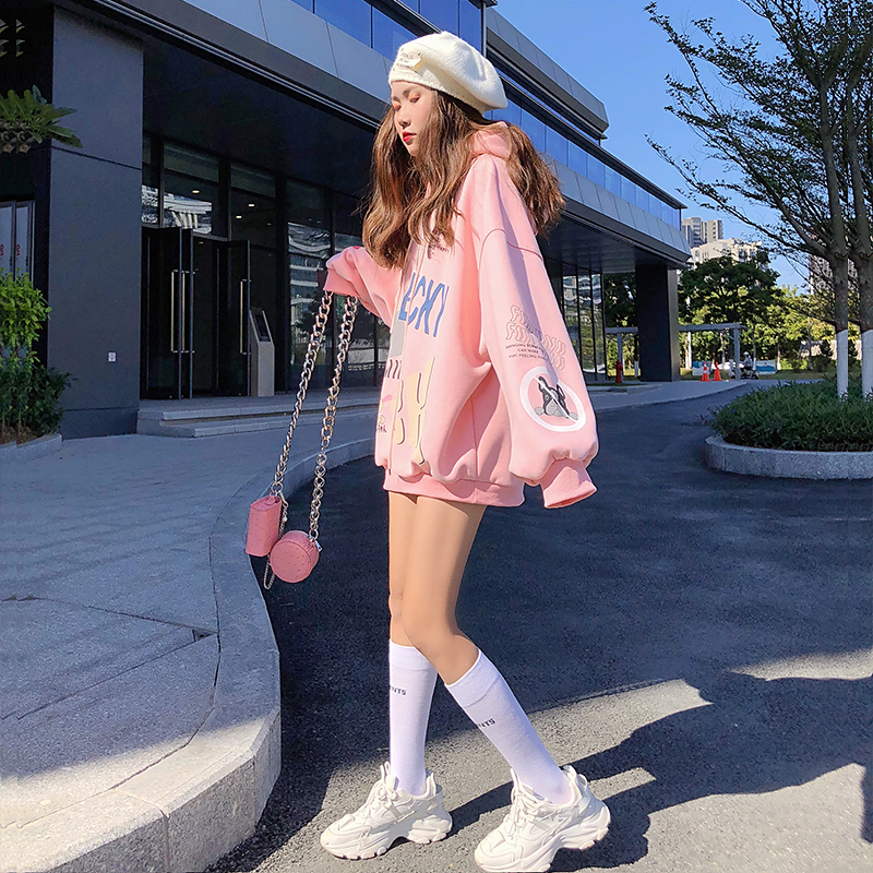 6535 cotton cream mint green cartoon mid-length hooded sweater women's 2022 spring new loose