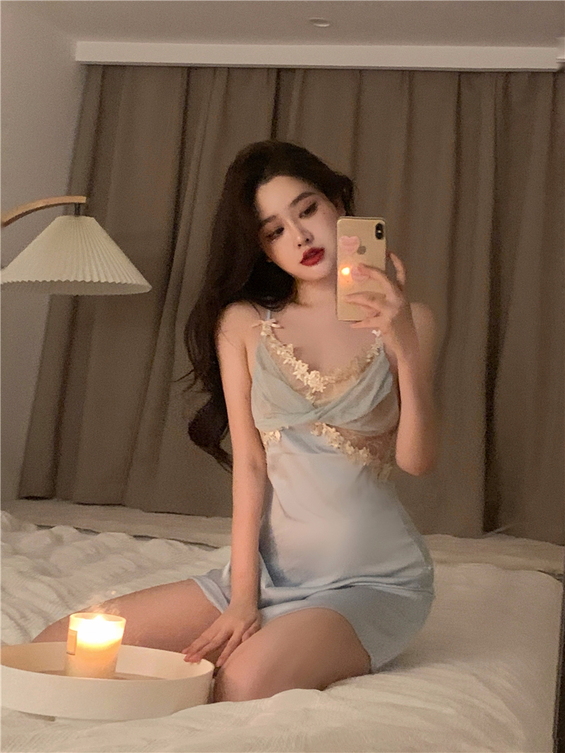 Real shot real price sexy pajamas female summer ice silk thin suspender nightdress lace transparent underwear summer pure desire wind