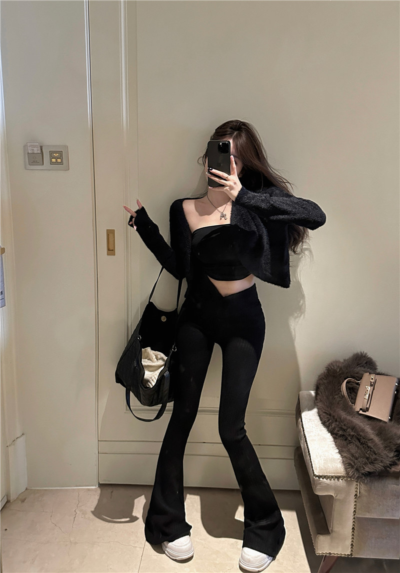 Real shot real price hot girl high waist v-shaped micro-flare pants tight-fitting leg-length casual pants + plush jacket three-piece suit