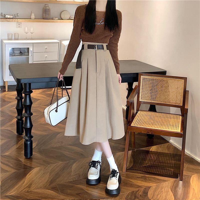 ins super hot skirt women's autumn Korean version 2022 new high-waisted slim mid-length pleated A-line skirt