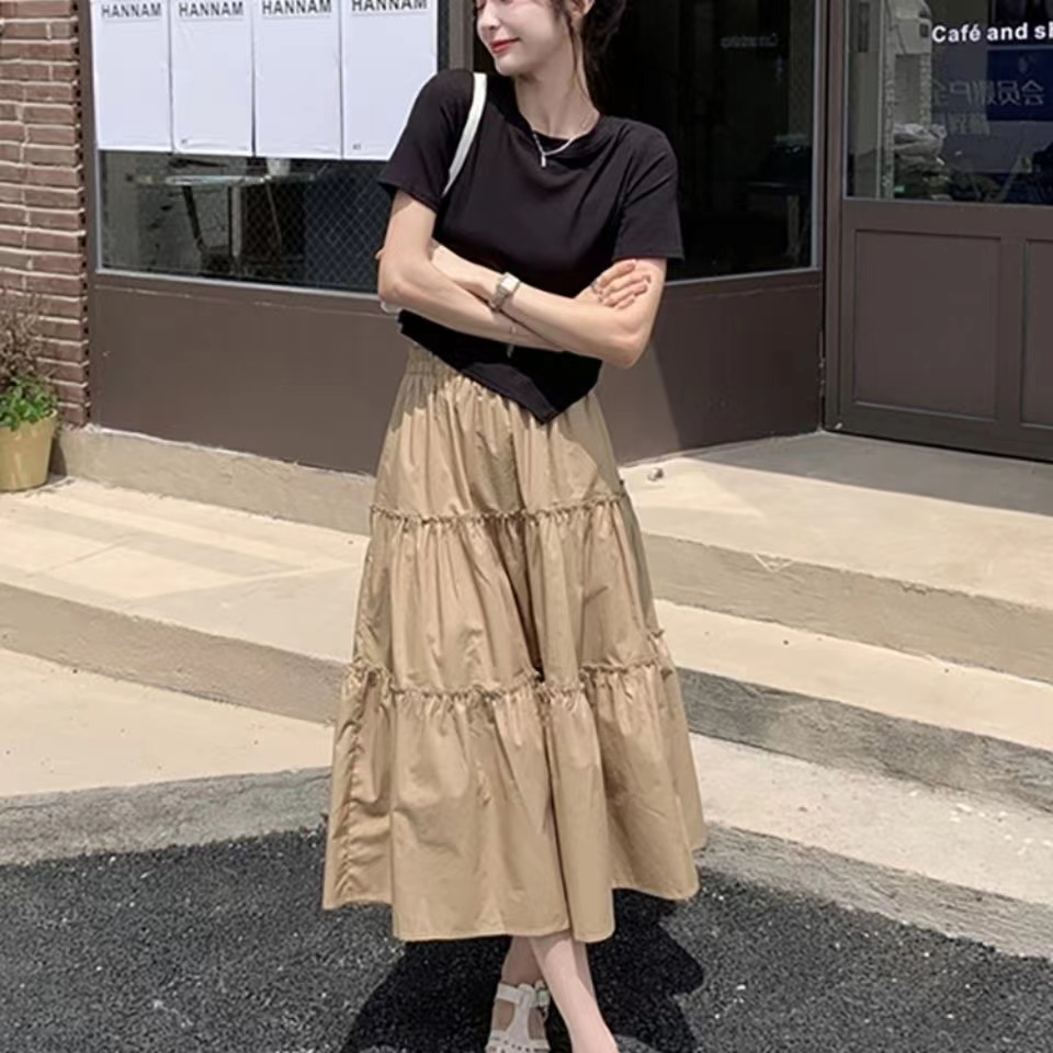 2023 spring and summer new skirt with wooden ear side stitching high waist slim a-line cake skirt mid-length female skirt trendy