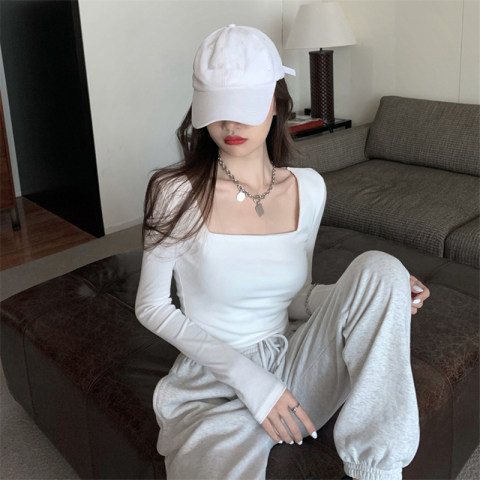 Official image net price double-sided German velvet wool T-shirt women's trendy long-sleeved bottoming shirt square collar