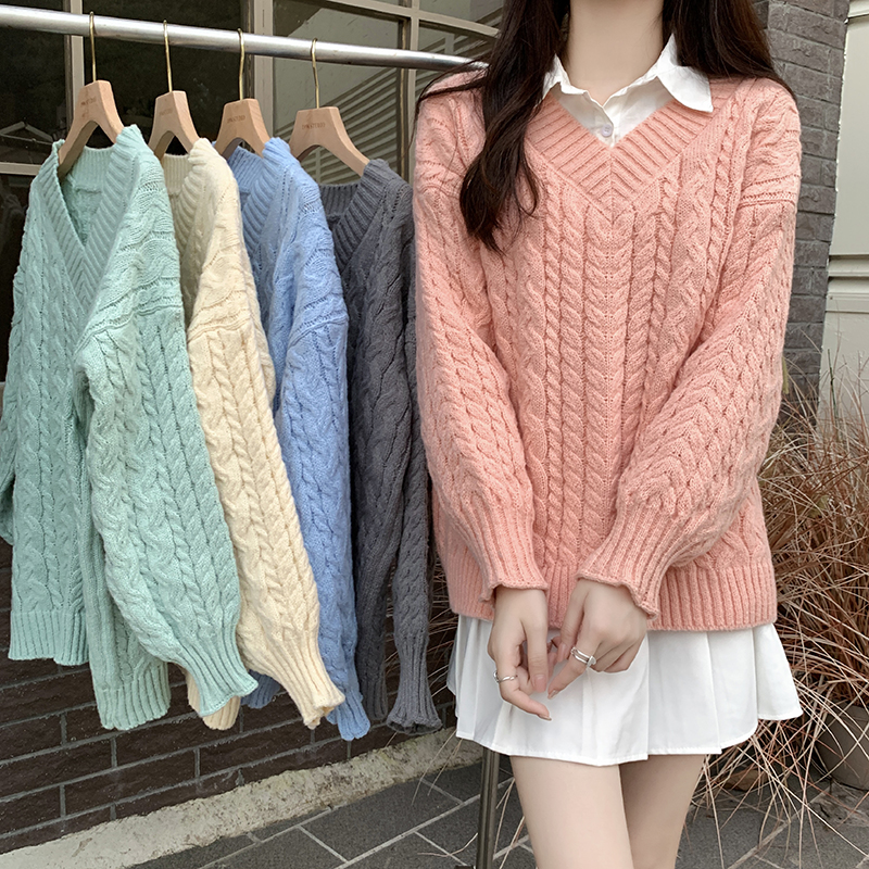 Real price 2022 autumn and winter new retro lazy wind thickened V-neck twist loose sweater top