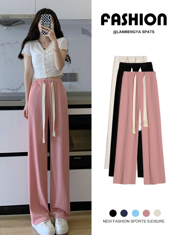 Pink ice silk sports pants women summer thin 2022 new pull rope straight tube small wide leg pants high waist hanging feeling