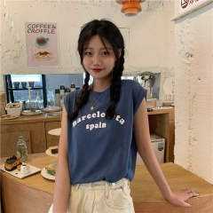 Real shot real price summer Korean version sleeveless loose crimped vest printed letter T-shirt