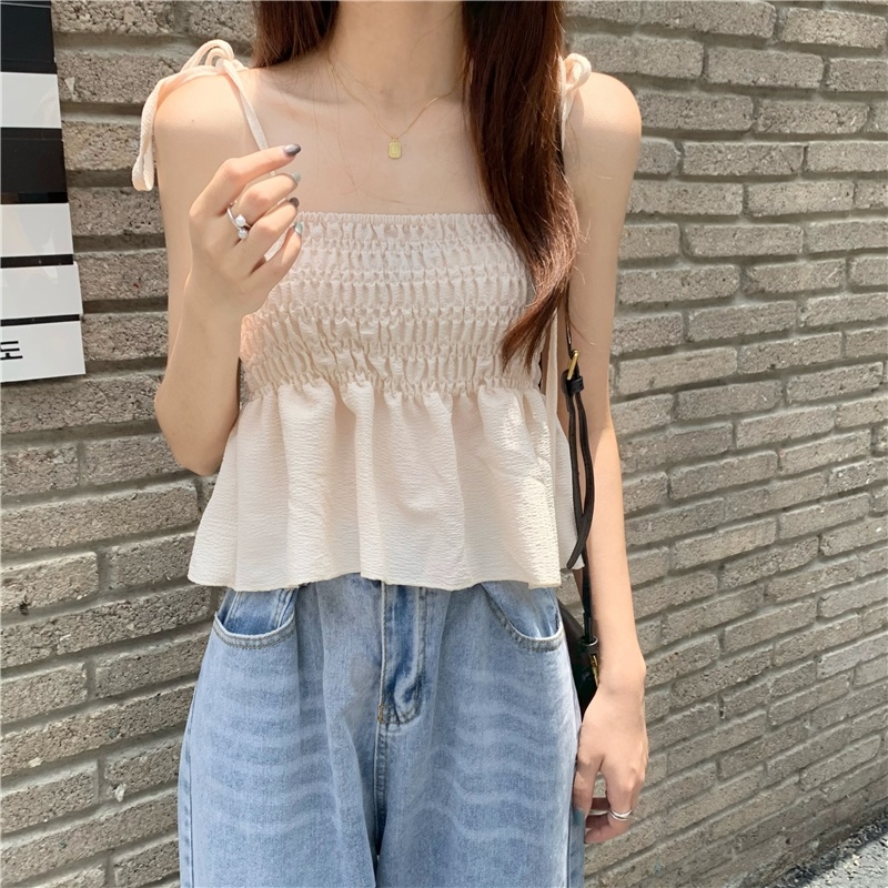 Summer new sweet Department bubble pleated pull knot suspender vest