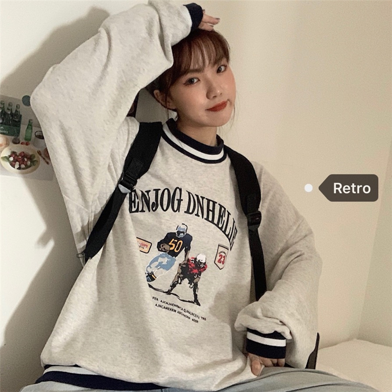 2022 autumn Korean loose medium and long print thread collar round neck Pullover large size sweater women