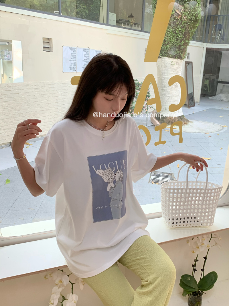 Real price ~ Korean summer new loose and thin, versatile round neck Pullover printed T-shirt