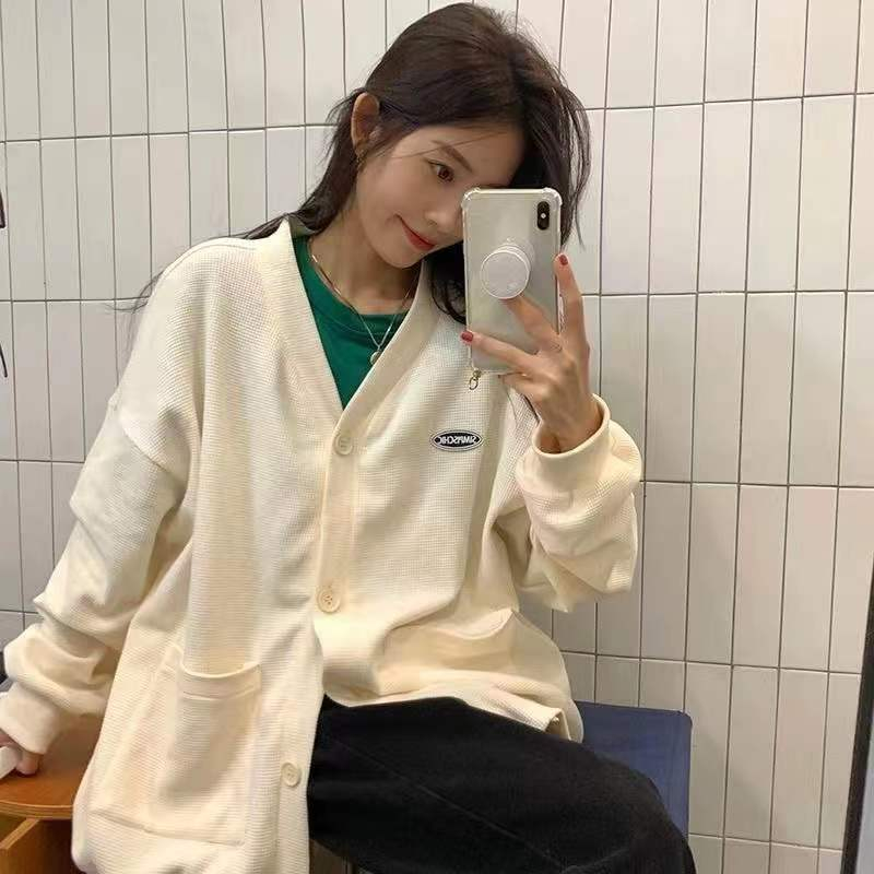 Lazy wind casual loose all-match cardigan sweater women's design sense niche V-neck long-sleeved top spring and autumn coat trend