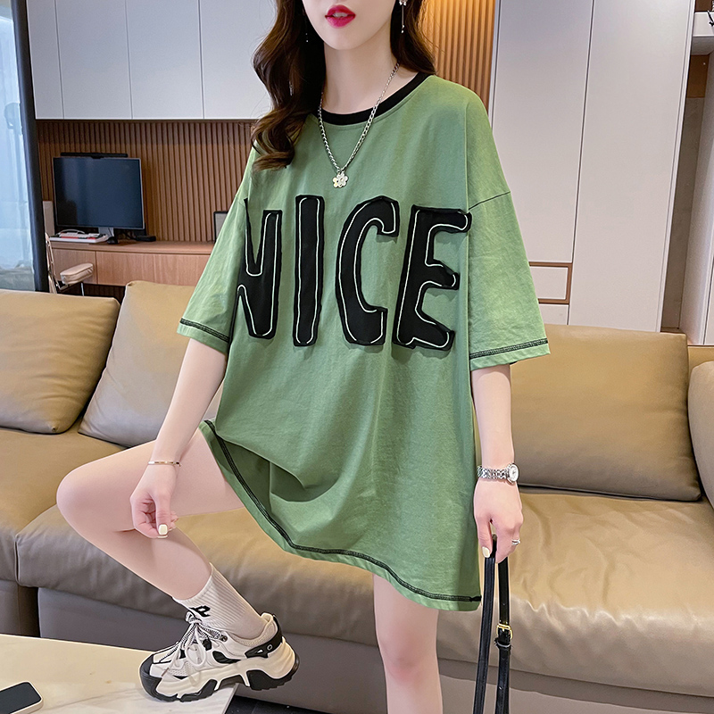 Real shot summer pull frame net patch T-shirt 2023 new large size loose all-match top women