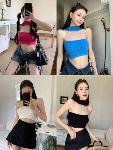 Real shot real price sweet and spicy knitted hanging neck tube top small camisole tight elastic short top for women