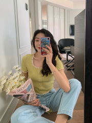 Dream home small fresh lace short ice silk knitting T-shirt women's summer 2020 air short sleeve thin top