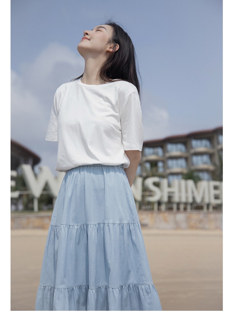 Cotton linen fabric 2022 summer blue high waist A-line skirt medium length women