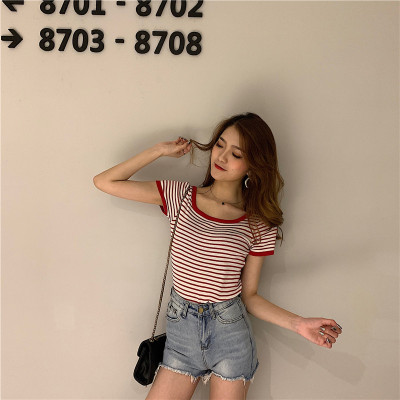 Striped knitted short sleeve T-shirt for short woman wear with small spring coat for thin woman