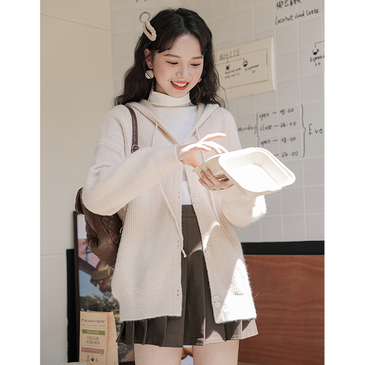 Live shot of new OVERSIZE college style knitted coat CHIC Korean casual hooded sweater coat in autumn and winter