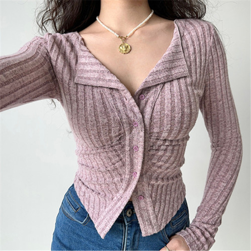 Go Girl Go European and American style retro pit stripe ribbed elastic long-sleeved knitted cardigan women's slimming slimming top 