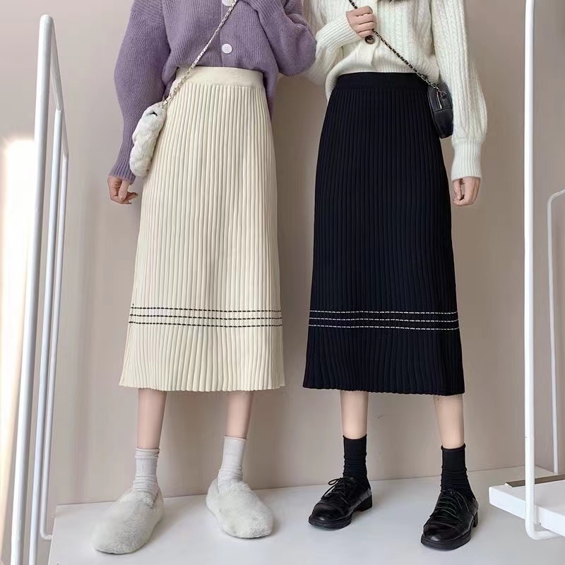 2022 spring large size knitted skirt Korean version high waist mid-length slim and versatile A-line skirt