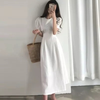 Summer South Korea chic French Small Skinny Solid Color Lace-Up Waist Bubble Sleeve Dress Long Dress Female