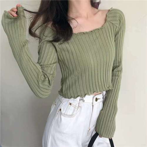 Black ear edge one shoulder knitted thin long sleeve T-shirt women's summer new style loose and thin jacket